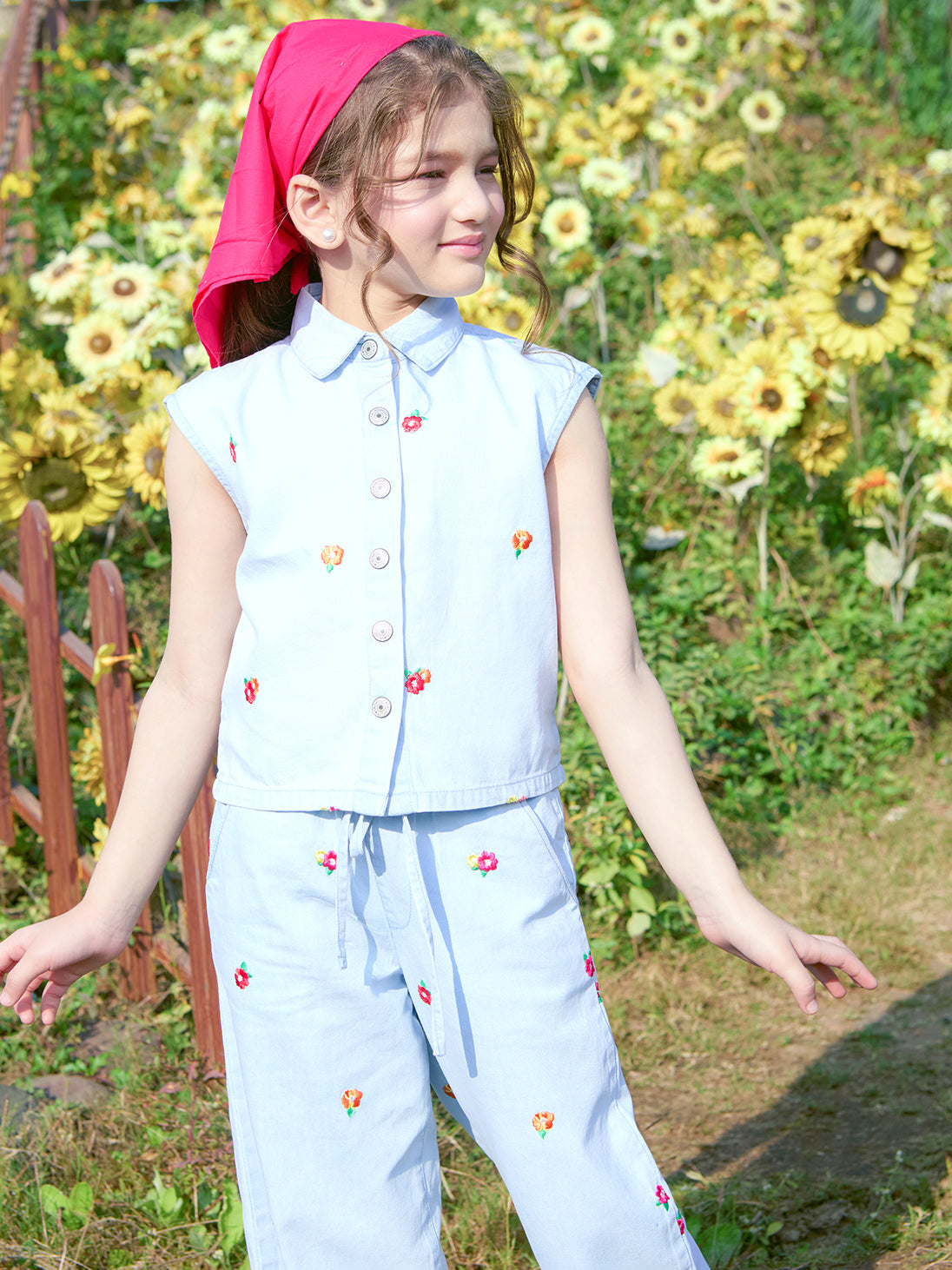 Girls Embroidered Denim Sleeveless Regular Fit Cord Set