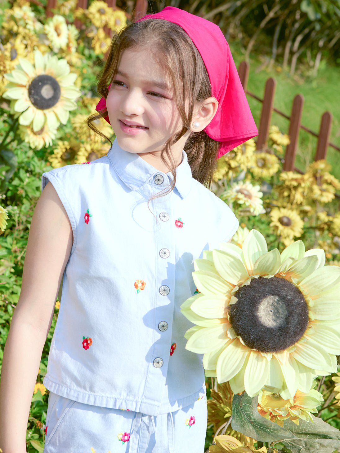 Girls Embroidered Denim Sleeveless Regular Fit Cord Set