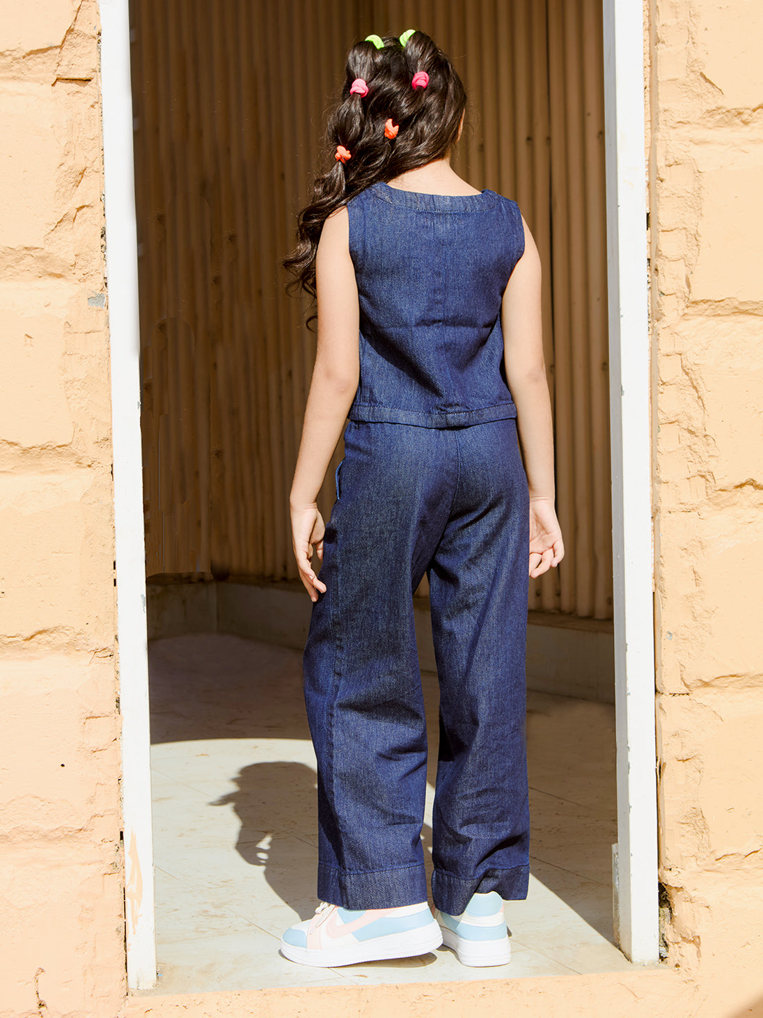 Girls Embroidered Denim Sleeveless Regular Fit Cord Set