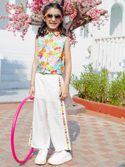 Girls White Printed Woven Balloon Fit Trousers