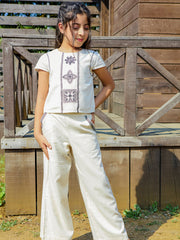 Girls White Embroidered Woven Short Sleeve Top