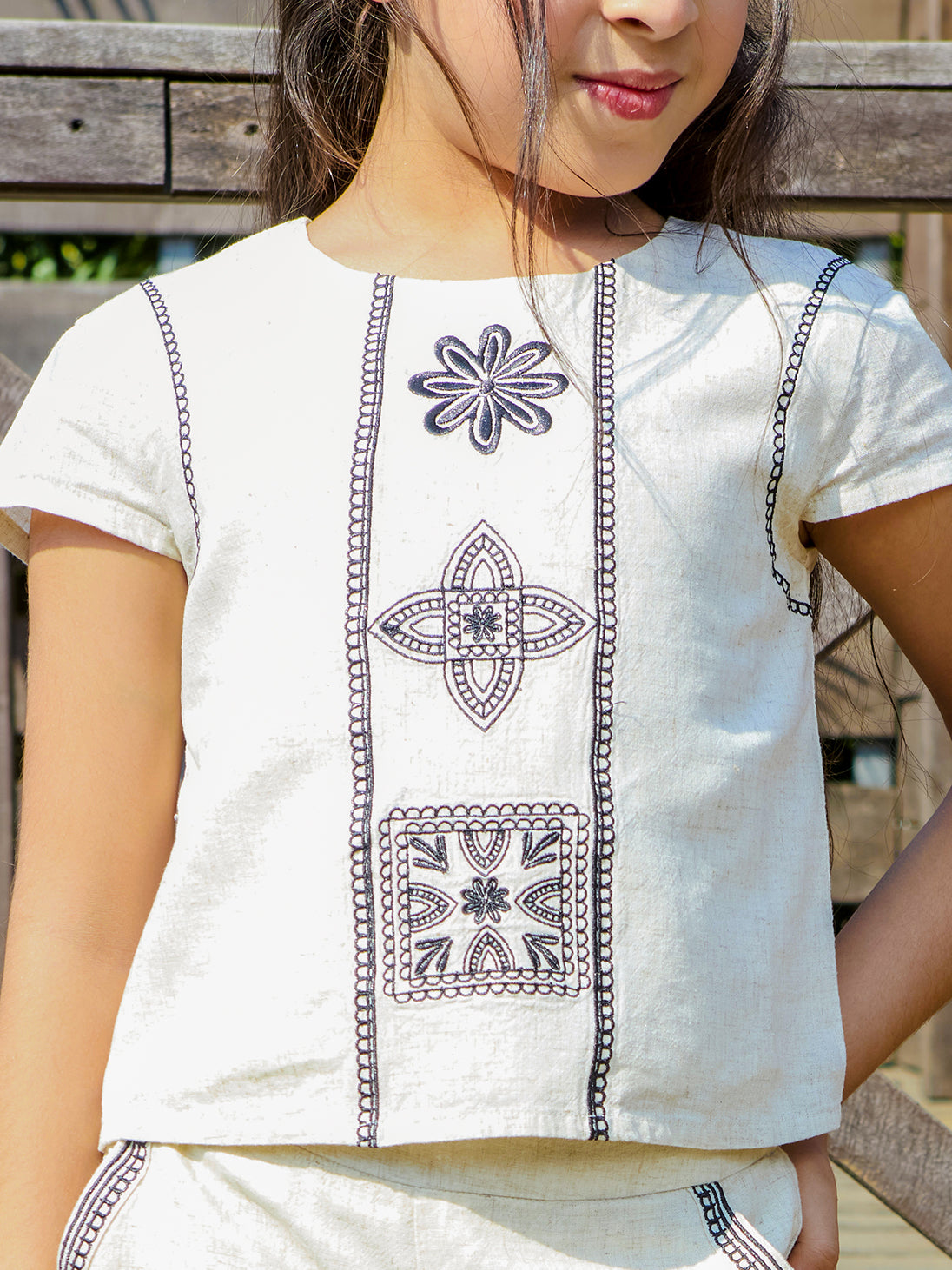 Girls White Embroidered Woven Short Sleeve Top