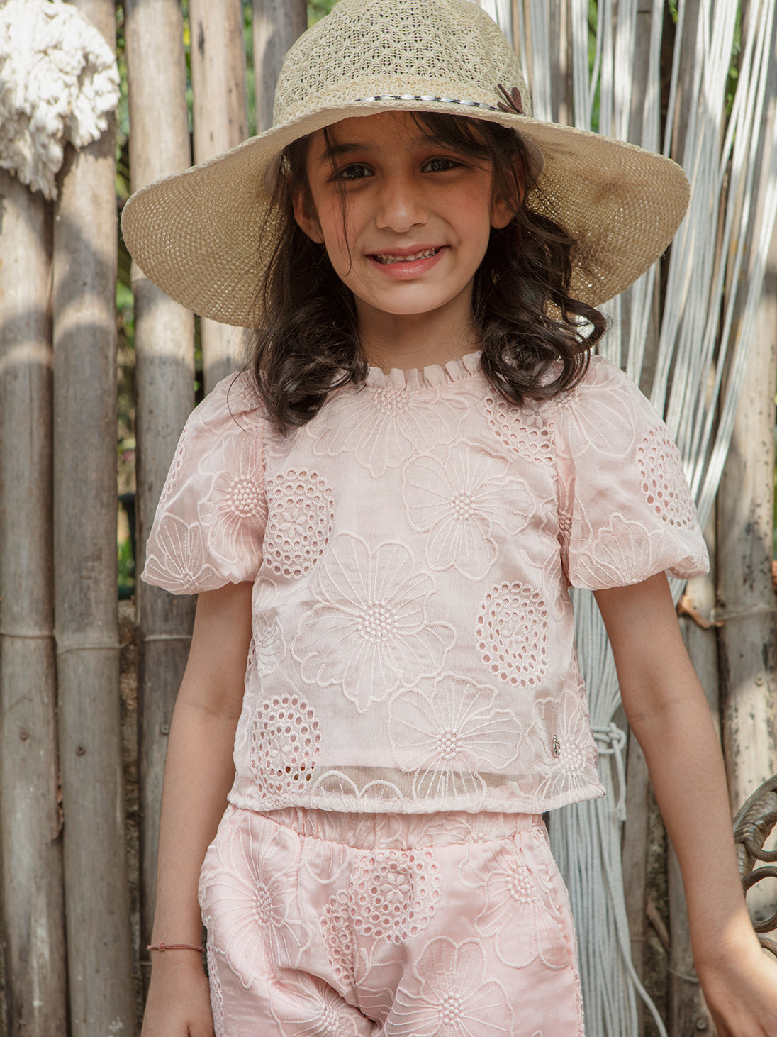 Girls Floral Embroidered Woven Short Sleeve Top