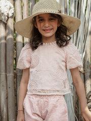 Girls Floral Embroidered Woven Short Sleeve Top