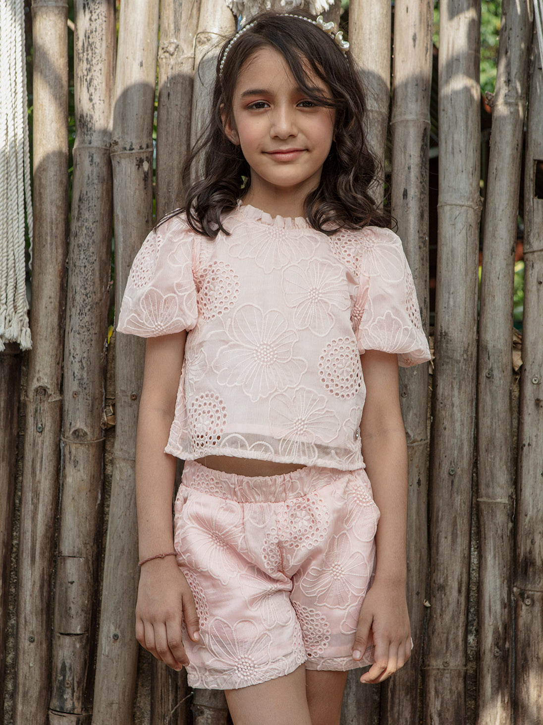 Girls Floral Embroidered Woven Short Sleeve Top