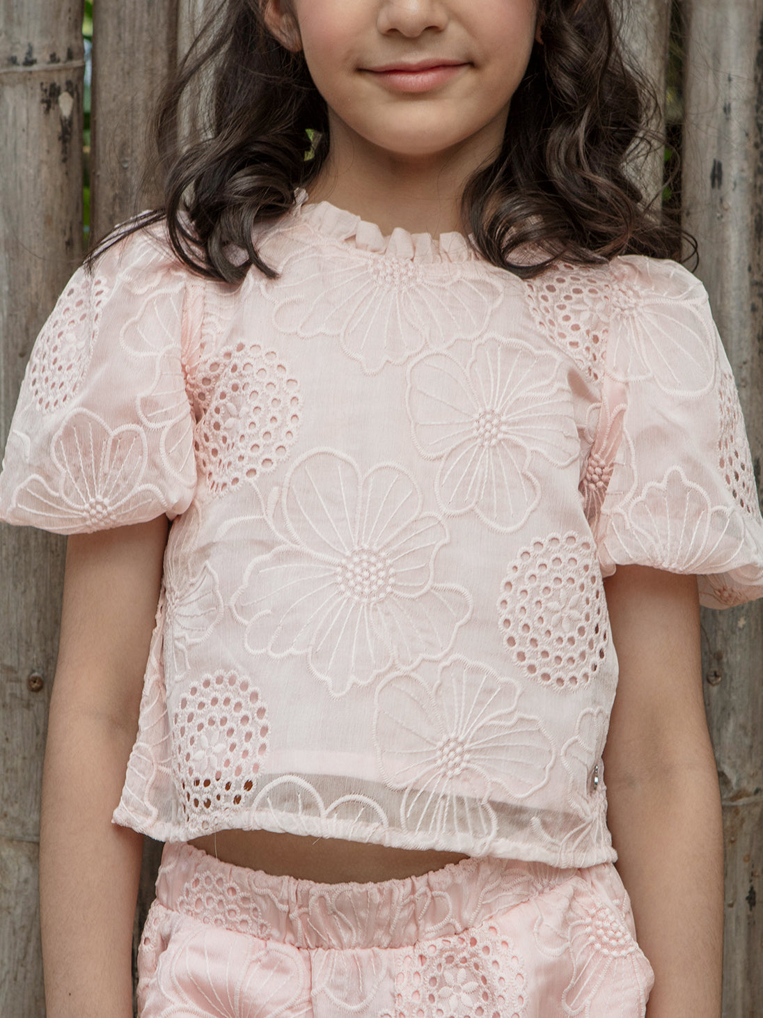 Girls Floral Embroidered Woven Short Sleeve Top