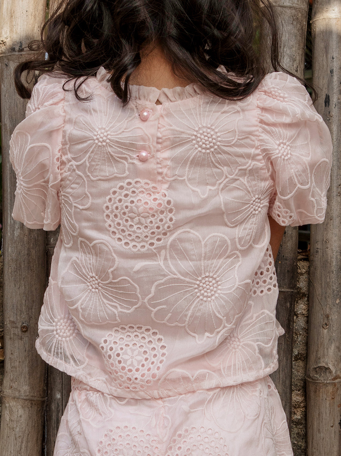 Girls Floral Embroidered Woven Short Sleeve Top