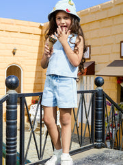 Girls Washed Denim Sleeveless Casual Cord Set