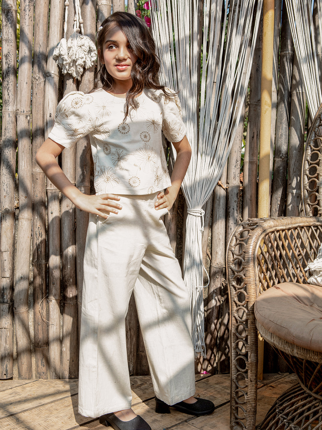 Girls Embroidered Woven Regular Fit Casual Cord Set