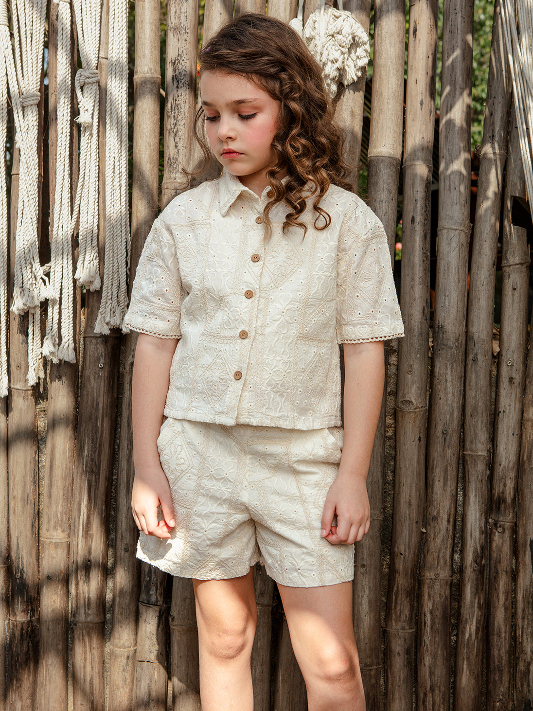 Girls Embroidered Woven Short Sleeve Boxy Fit Cord Set