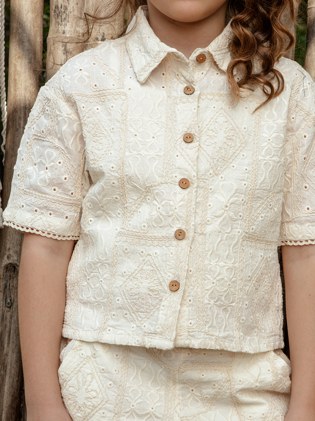 Girls Embroidered Woven Short Sleeve Boxy Fit Cord Set