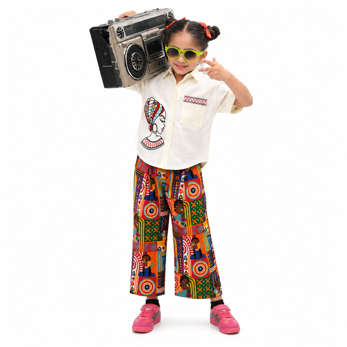 Printed Cord Top for Girls Winter White