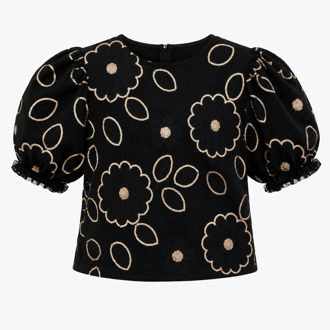 Embroidered Cord Top for Girls Black