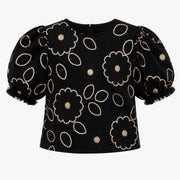 Embroidered Cord Top for Girls Black