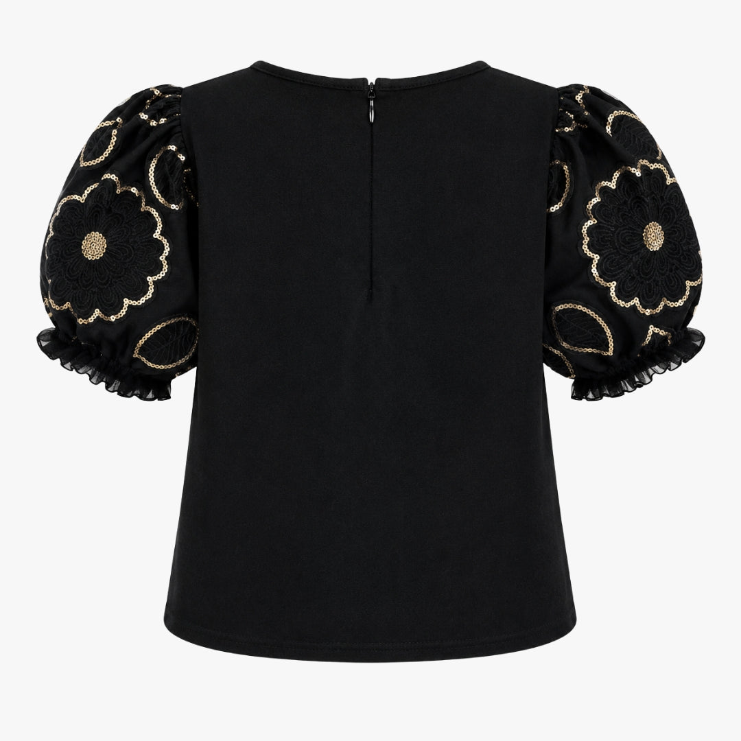 Embroidered Cord Top for Girls Black