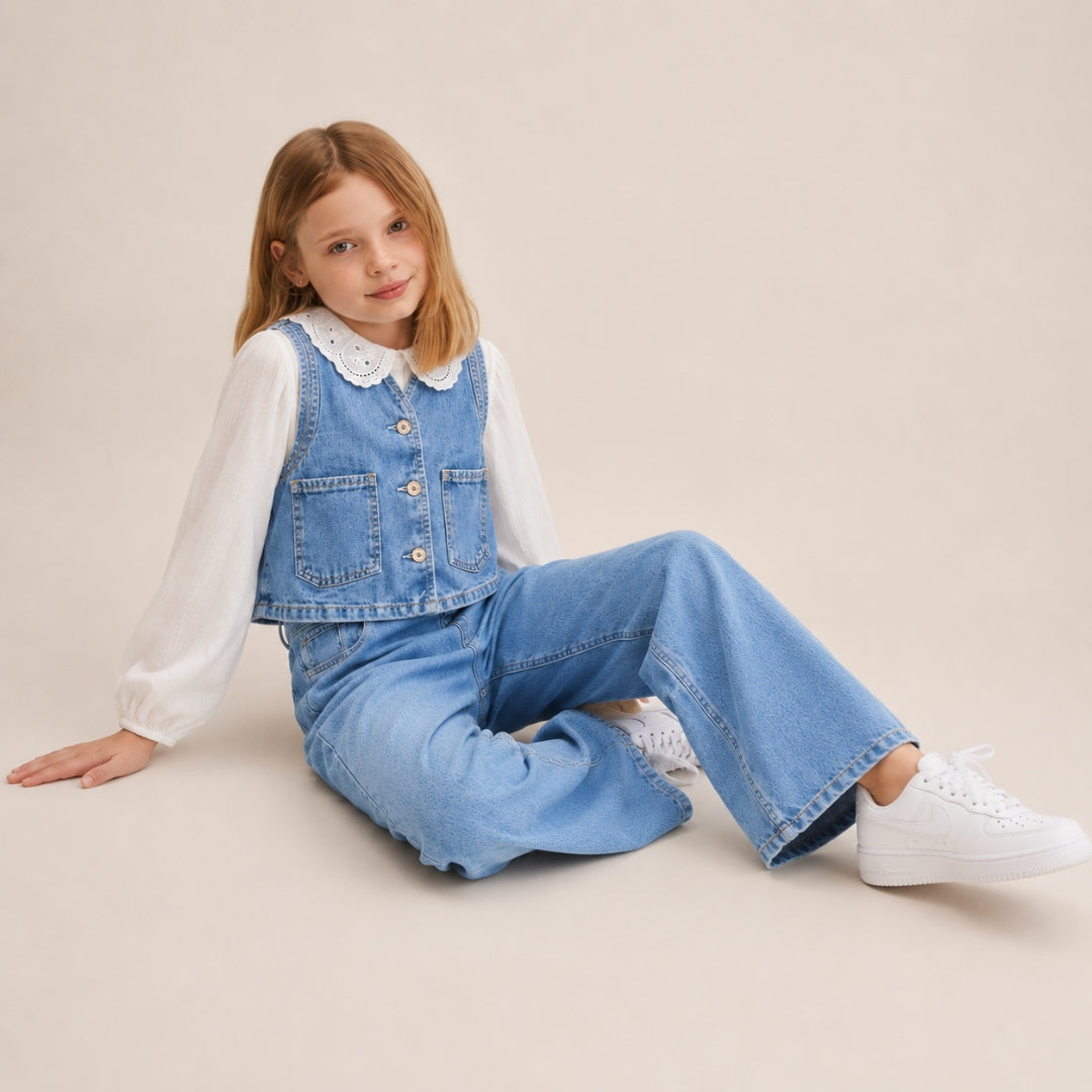 Denim Cord Top for Girls Ice Blue