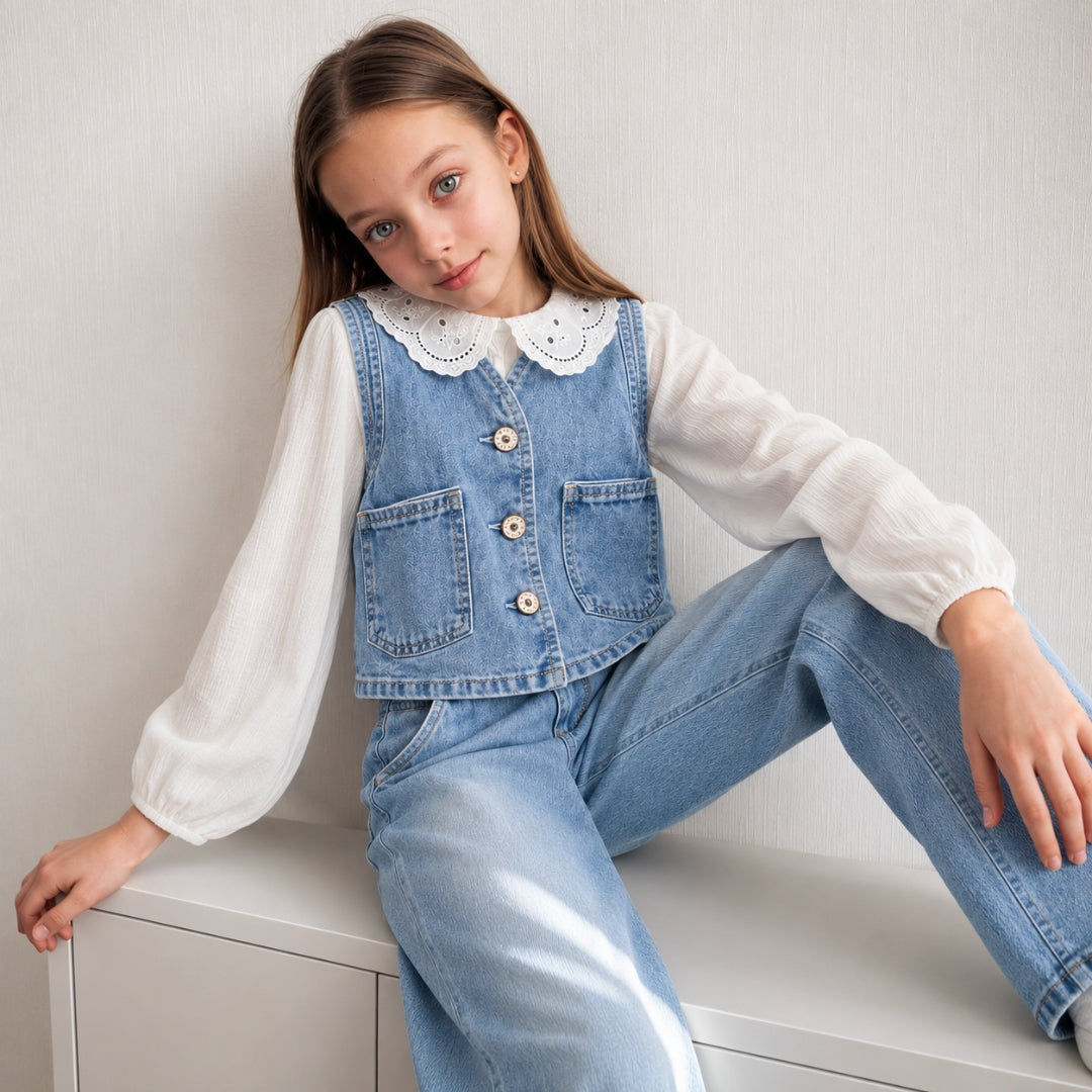 Denim Cord Top for Girls Ice Blue