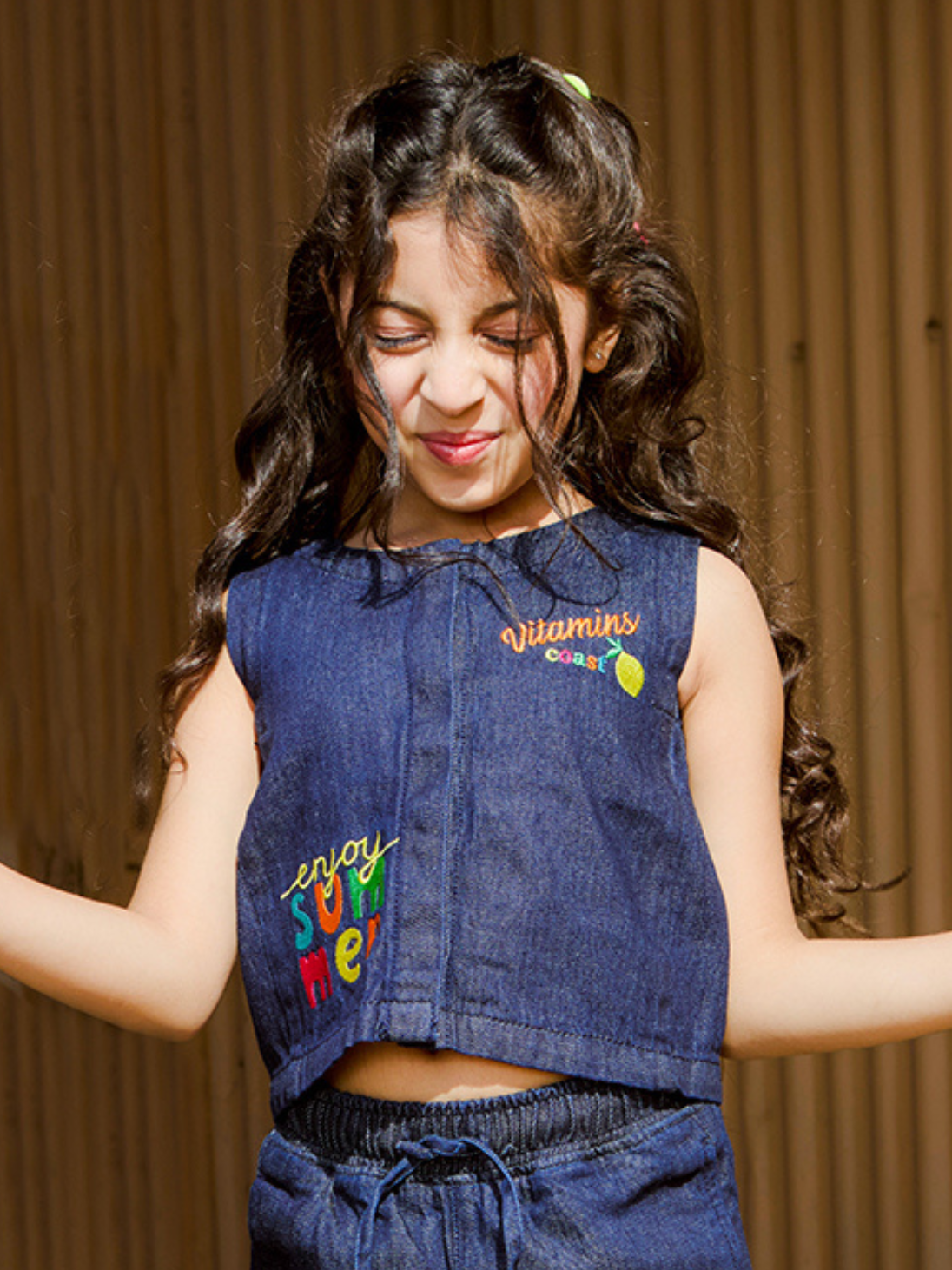 Girls Embroidered Denim Sleeveless Regular Fit Cord Set