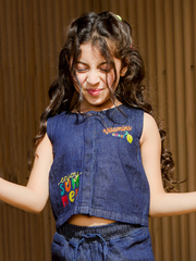 Girls Embroidered Denim Sleeveless Regular Fit Cord Set