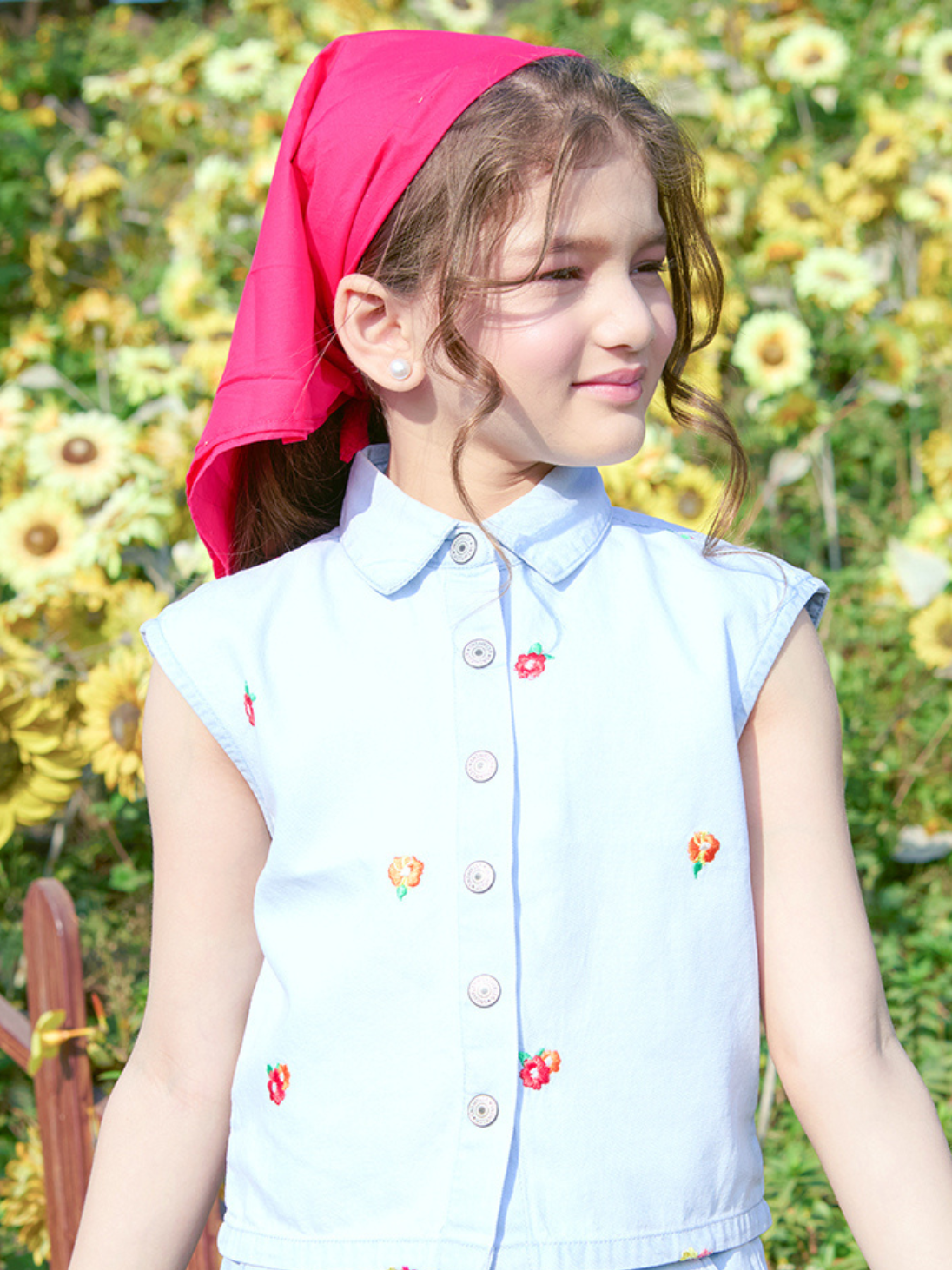 Girls Embroidered Denim Sleeveless Regular Fit Cord Set