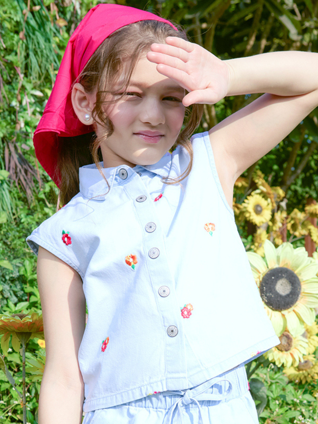 Girls Embroidered Denim Sleeveless Regular Fit Cord Set