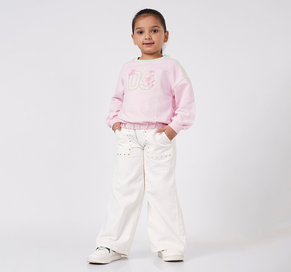 Girls Off White Cotton Denim Wide Leg Studded Jeans
