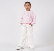 Girls Off White Cotton Denim Wide Leg Studded Jeans