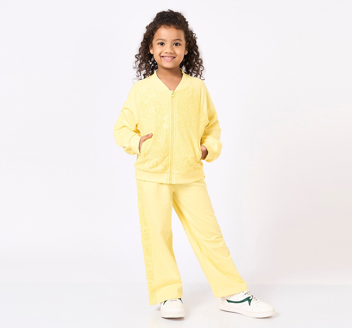Jacket and Pant with Lace Panels Set Yellow