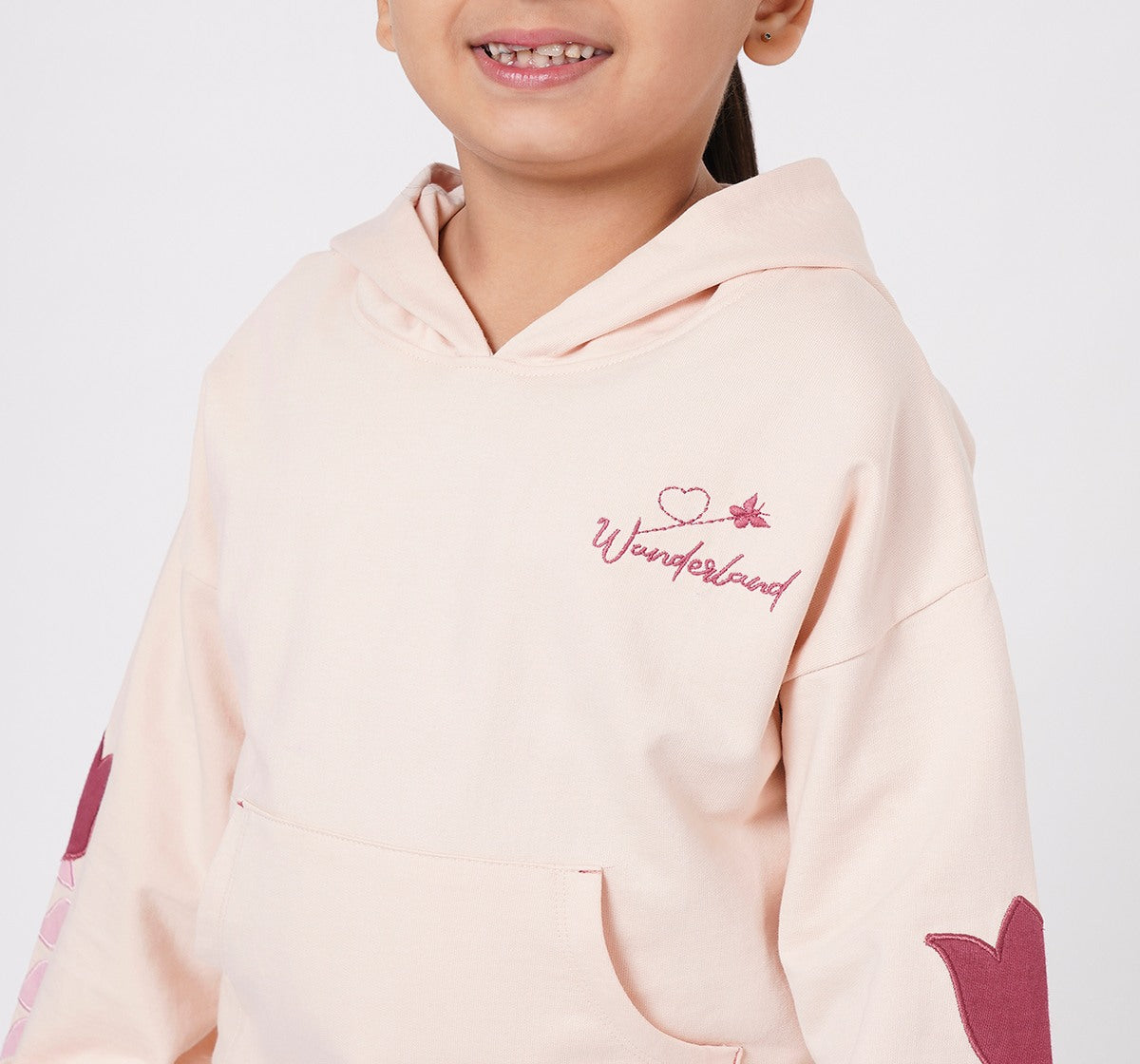 Hooded Sweatshirt with Emb and Applique Pink