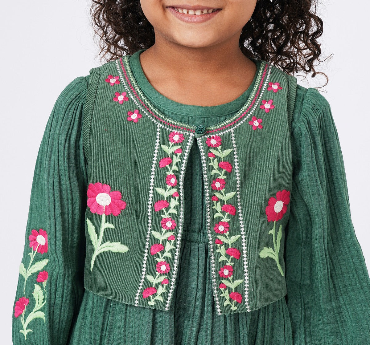 Embroidered Dress with Sleeveless Jacket Green