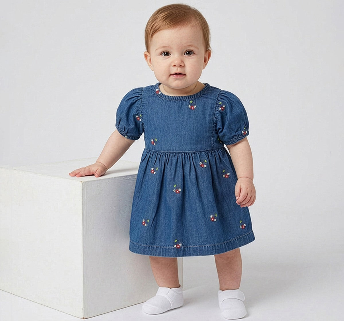 Embroidered Denim Dress Blue