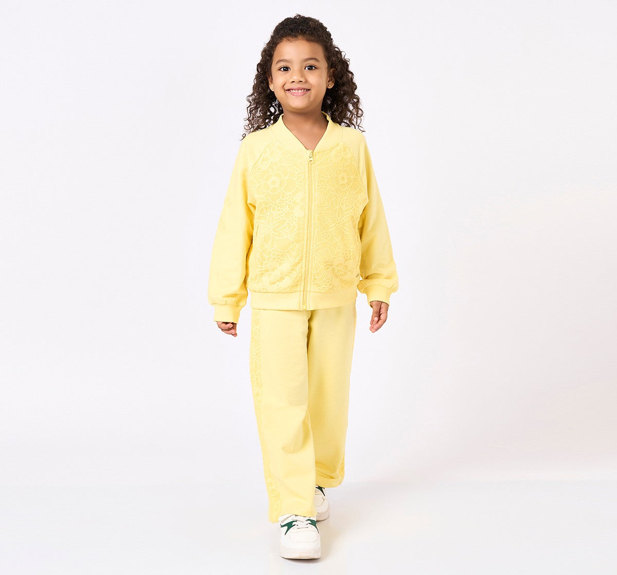 Jacket and Pant with Lace Panels Set Yellow