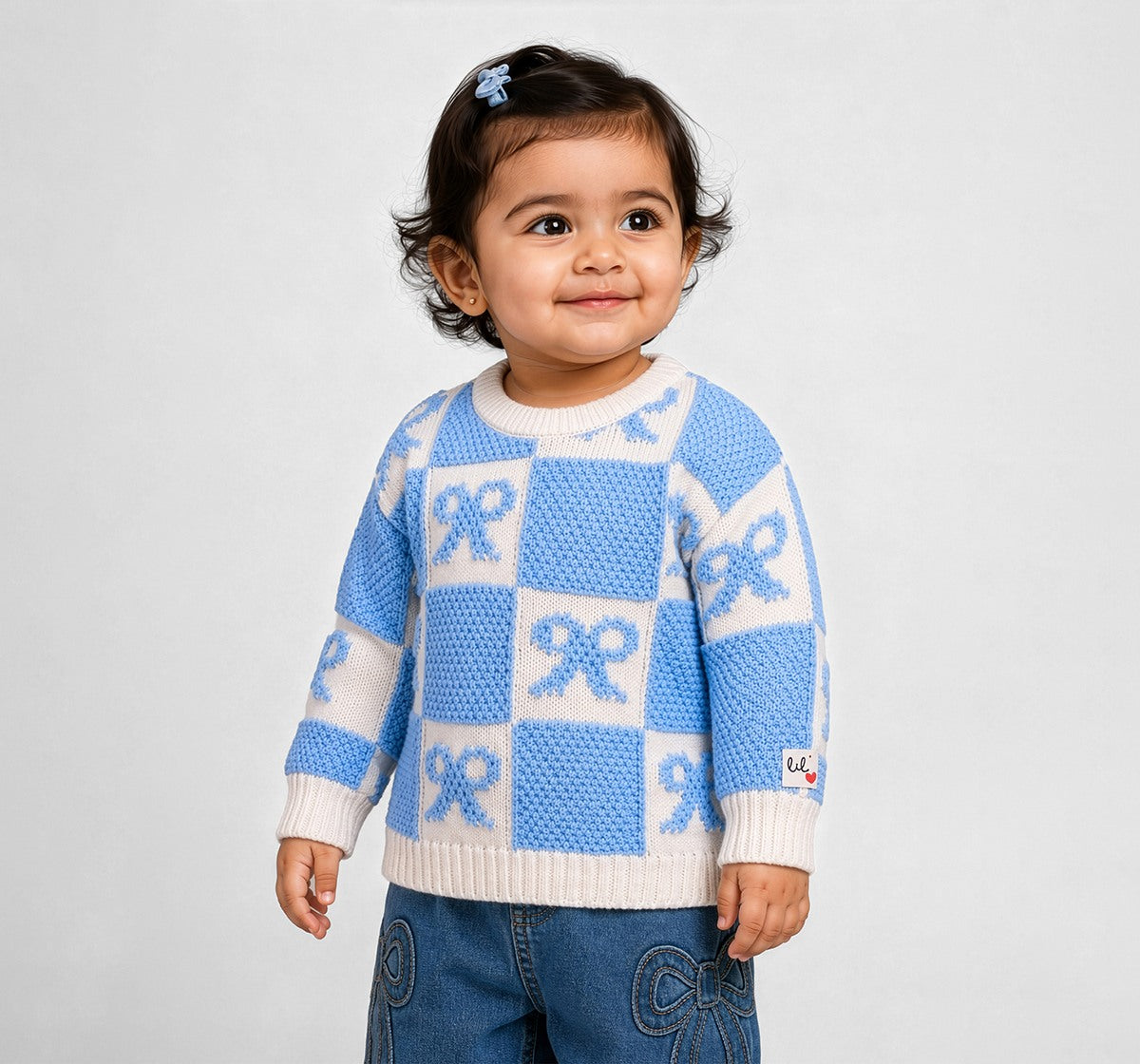 Sweater with Bow Intarsia Blue