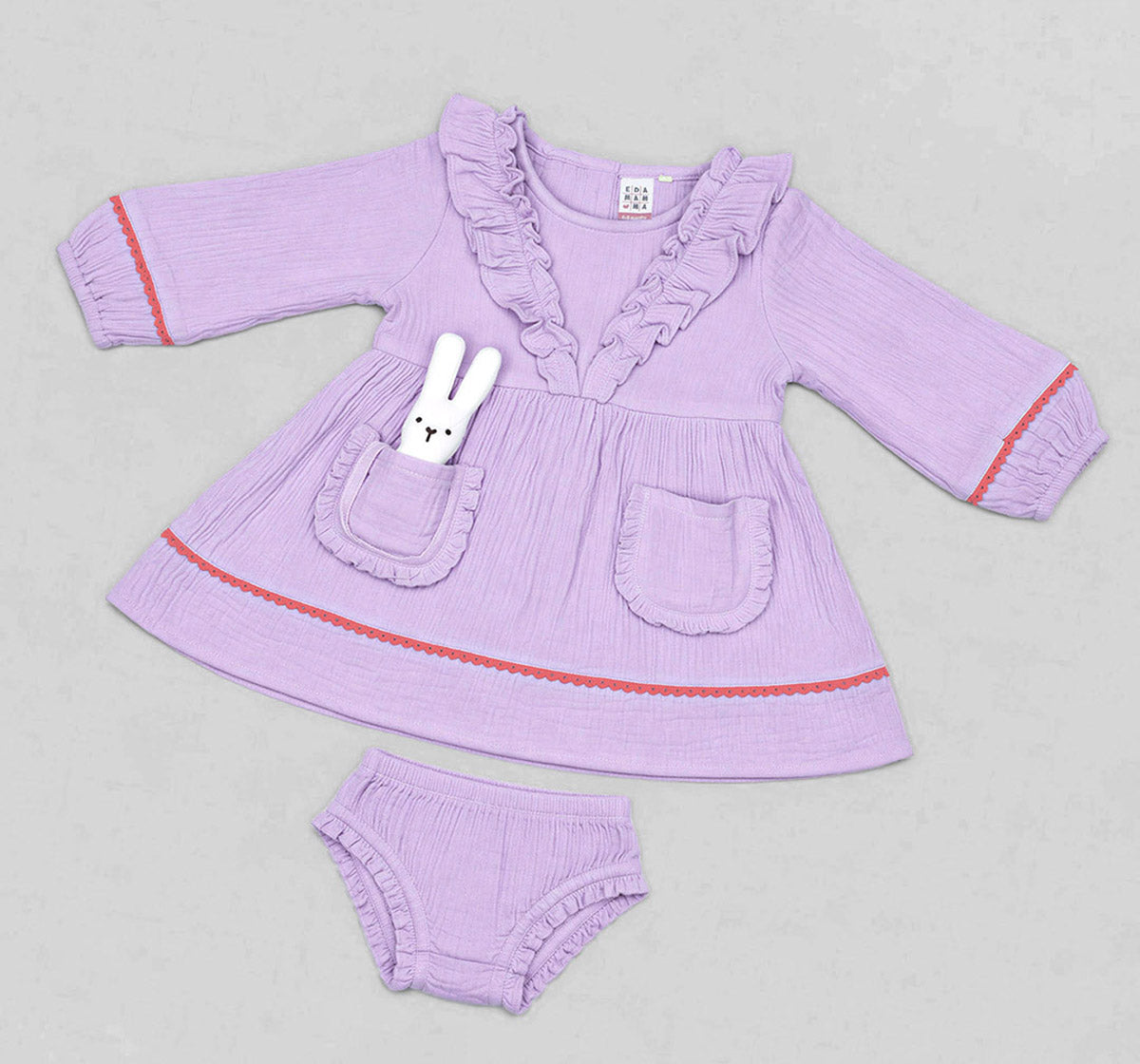 Infant Girls Lavender Cotton Gauze Lace Dress with Bunny Toy