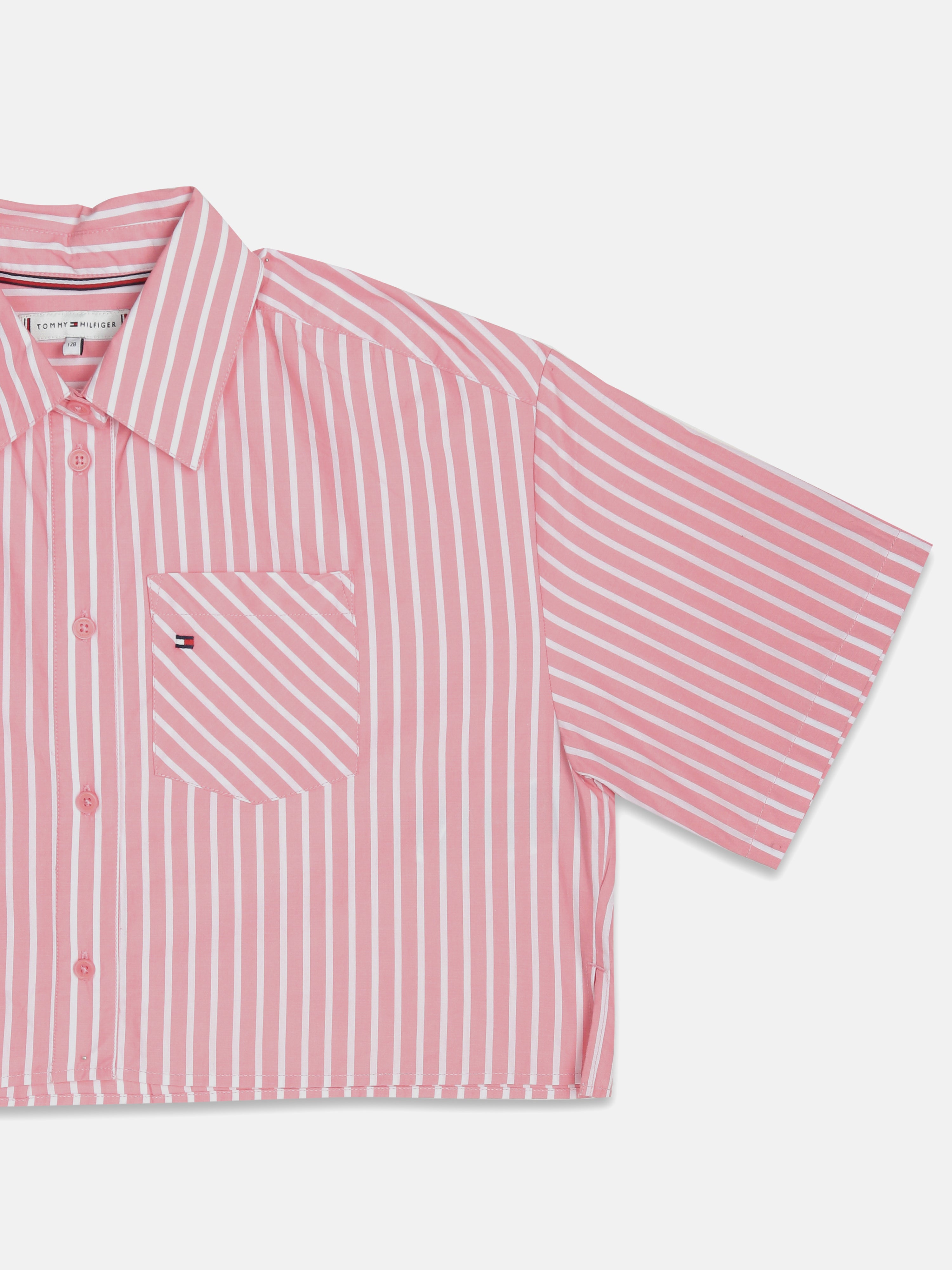Girls Pink Striped Shirt Collar Woven Top