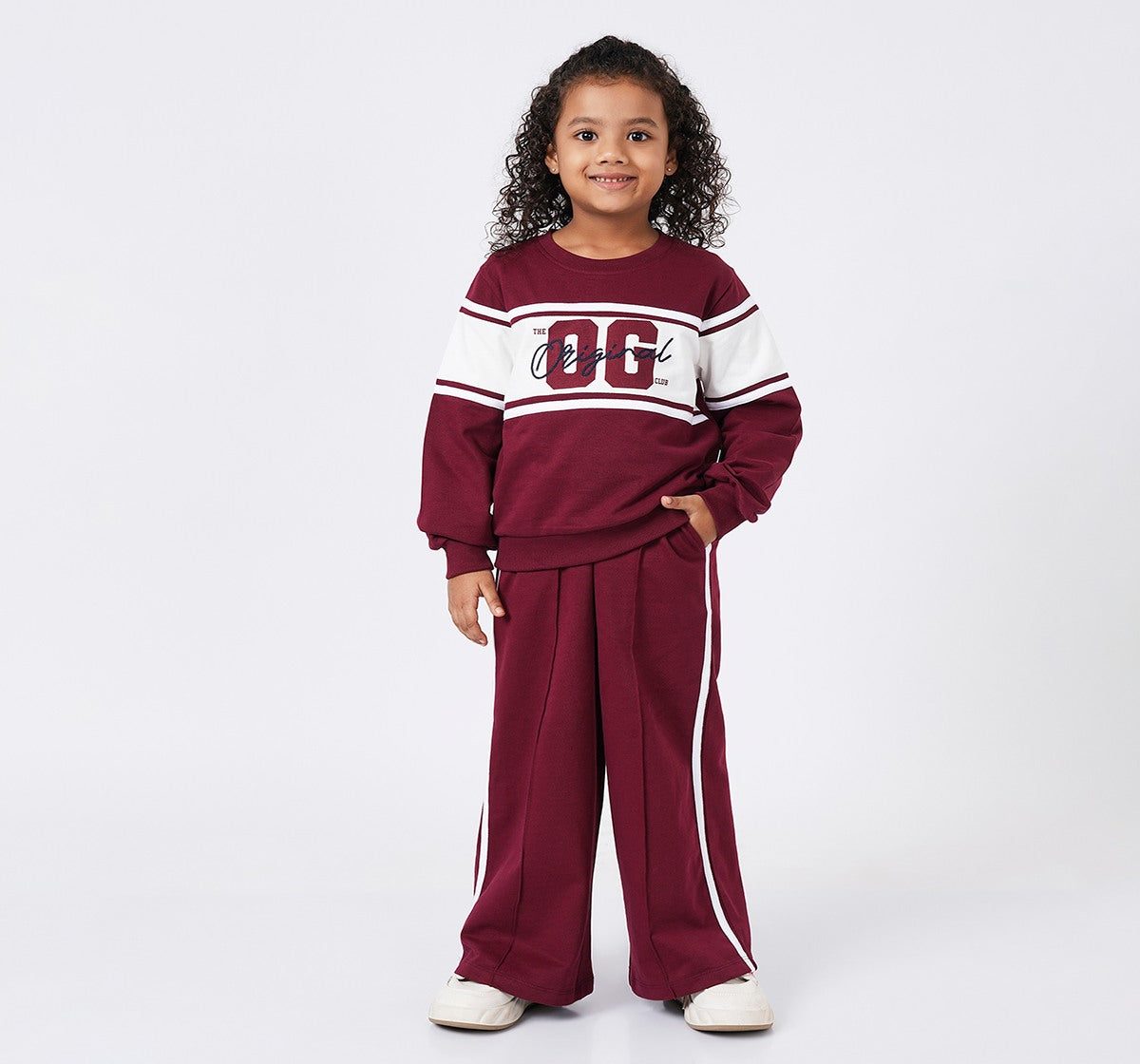 Crew Neck Sweatshirt with Wide Pant Set Red