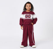 Crew Neck Sweatshirt with Wide Pant Set Red