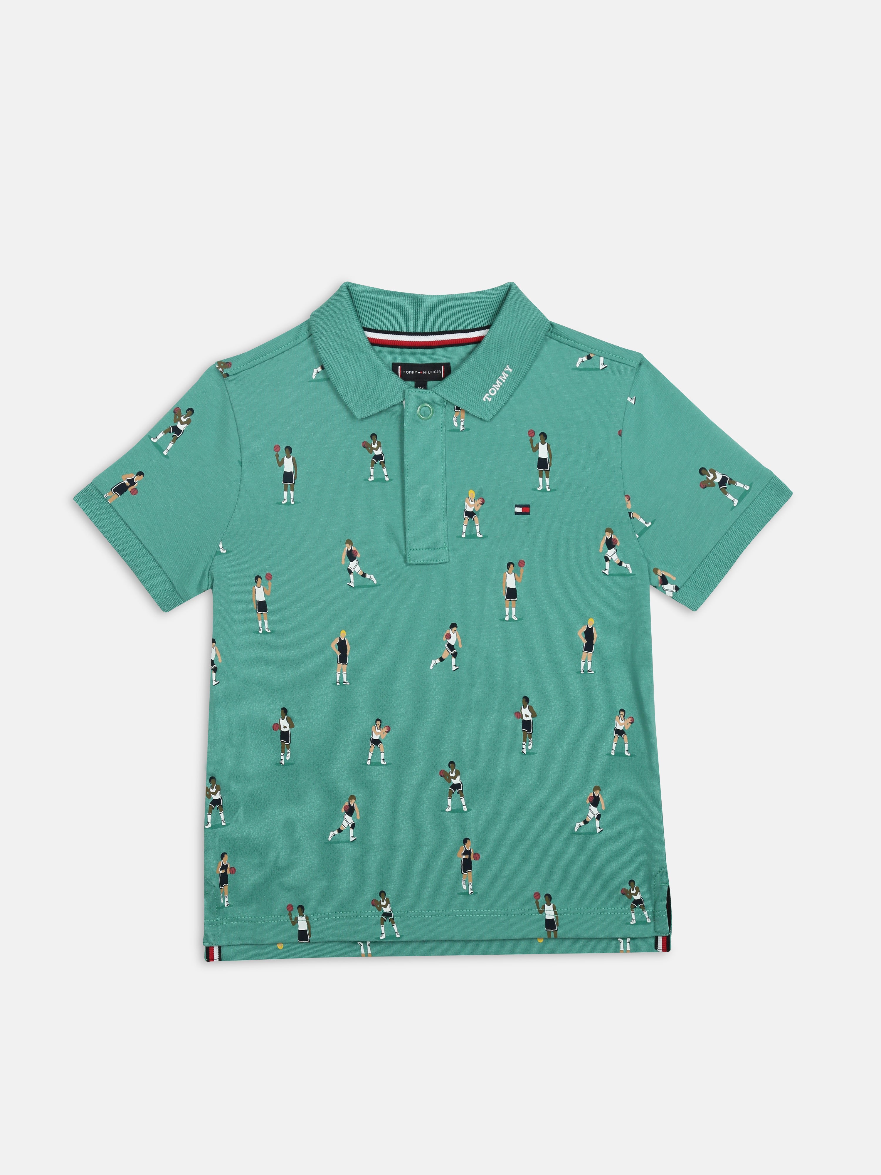 Boys Green Printed Cotton Polo Knit Top Regular Fit