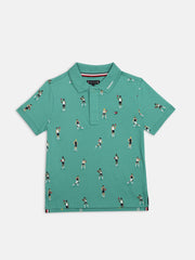 Boys Green Printed Polo Collar Knit T-Shirt