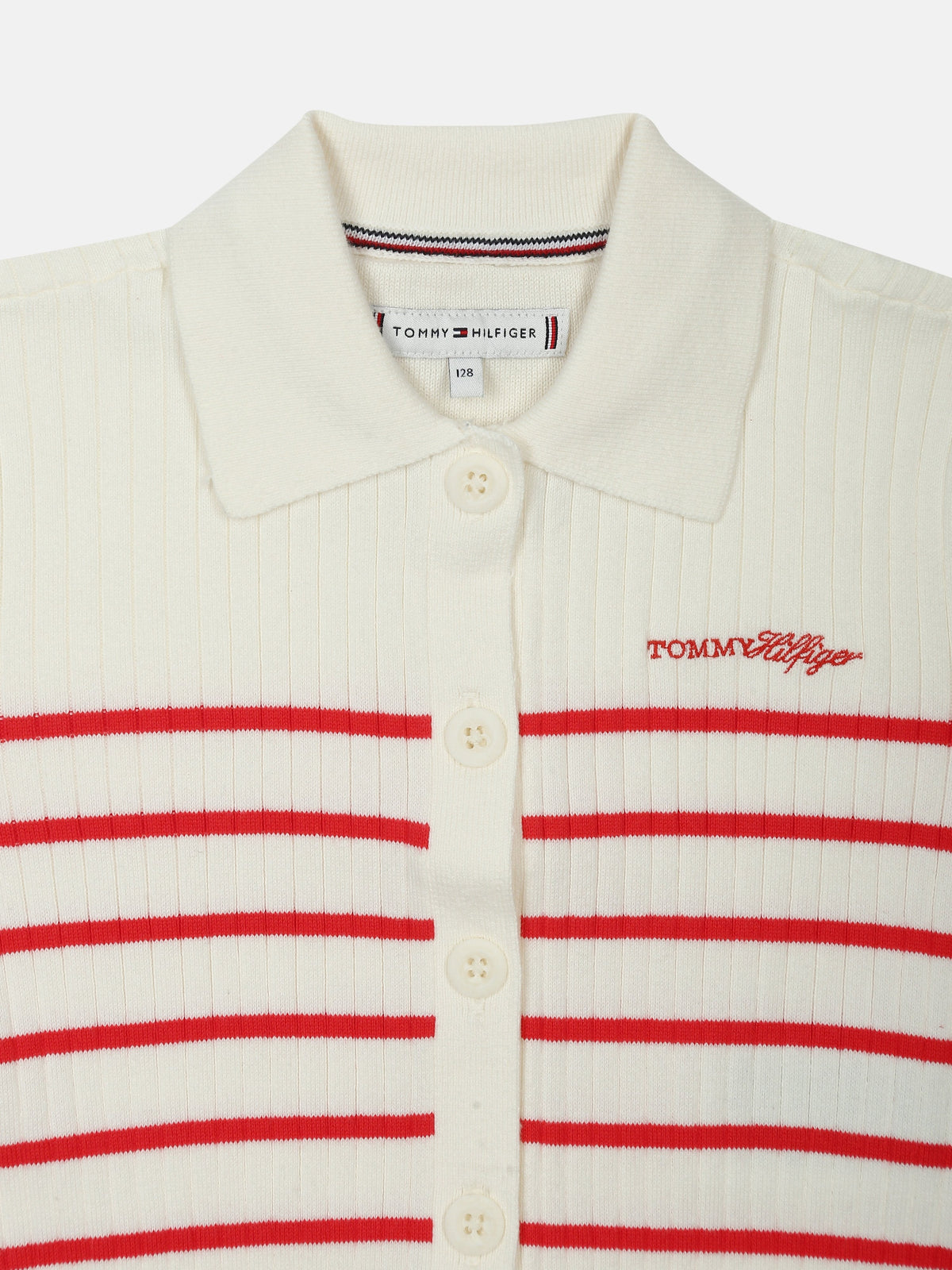 Girls Striped Regular Fit Cotton Polo T-Shirt Red Alert