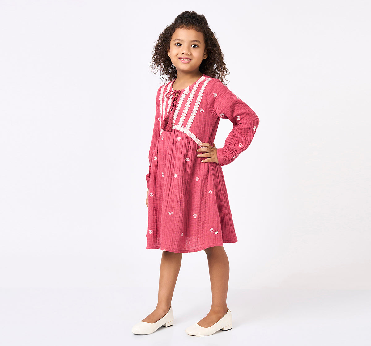 Girls Rose Pink Embroidered Lace Detail Dress