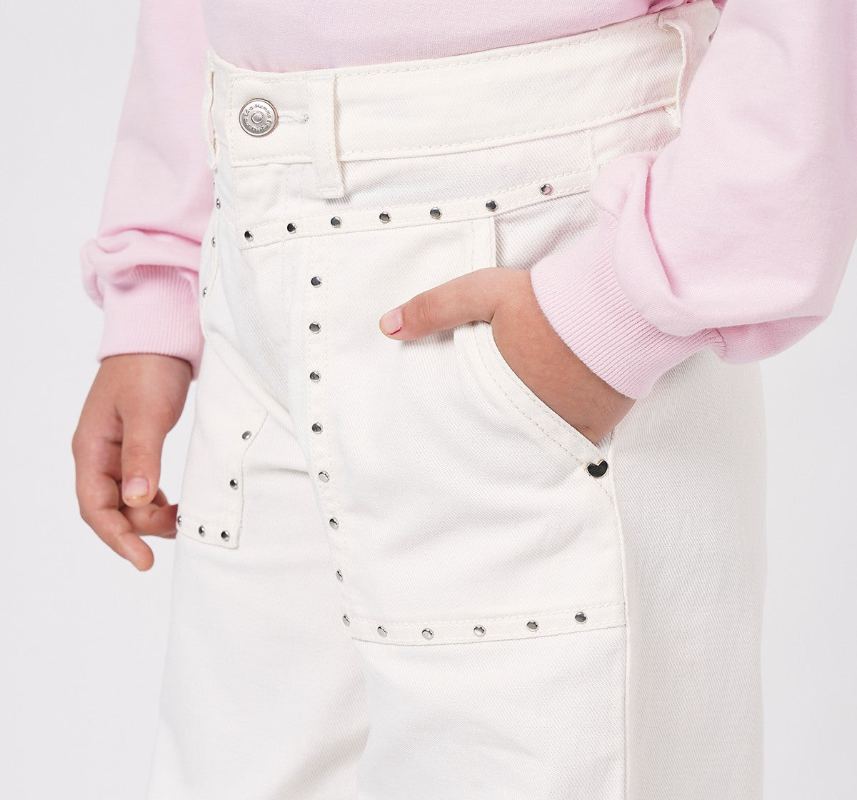 Girls Off White Cotton Denim Wide Leg Studded Jeans