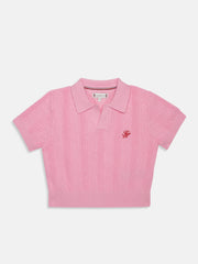 Girls Pink Self-Design Polo Knit T-Shirt