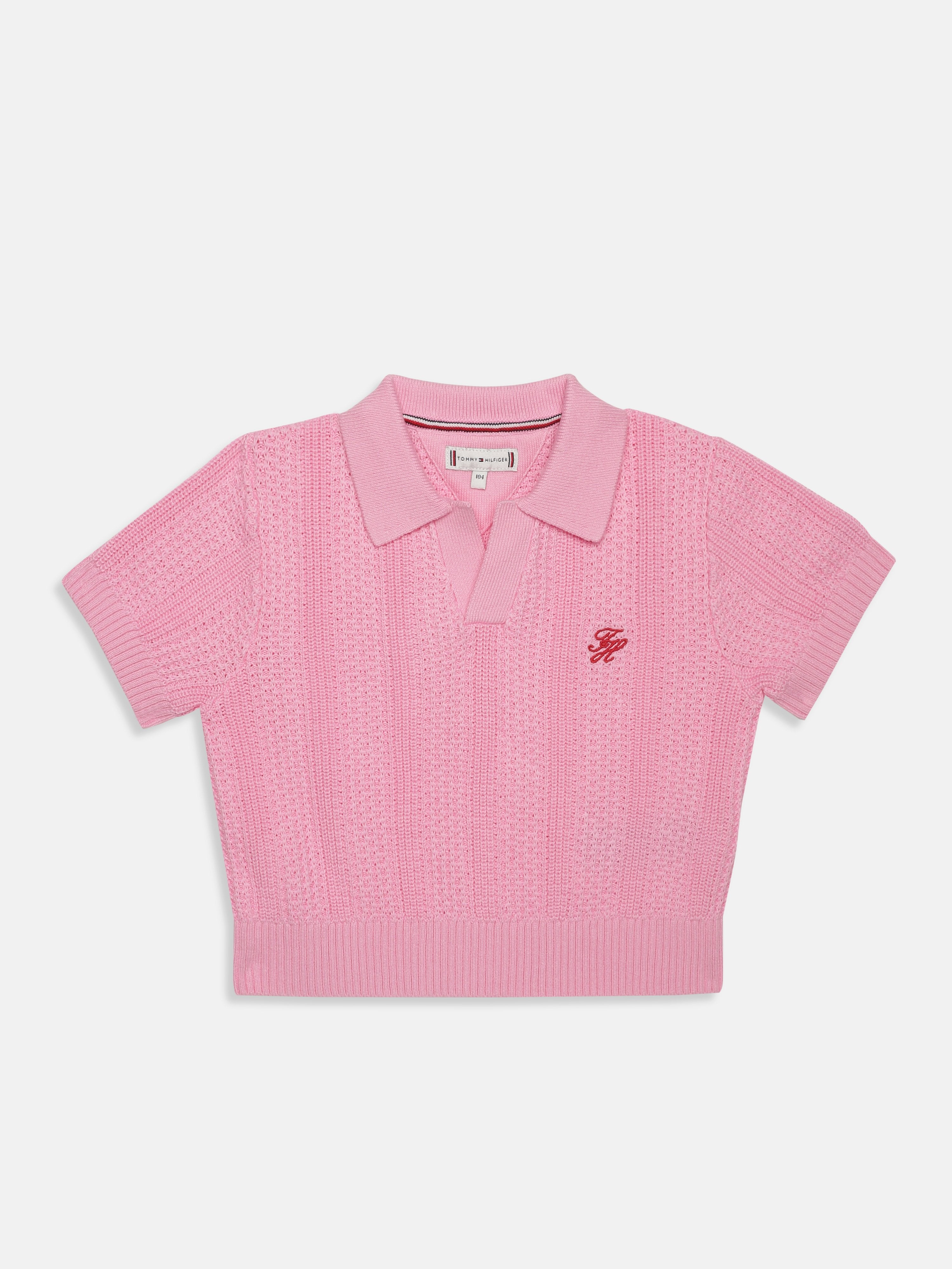 Girls Pink Self-Design Polo Knit T-Shirt