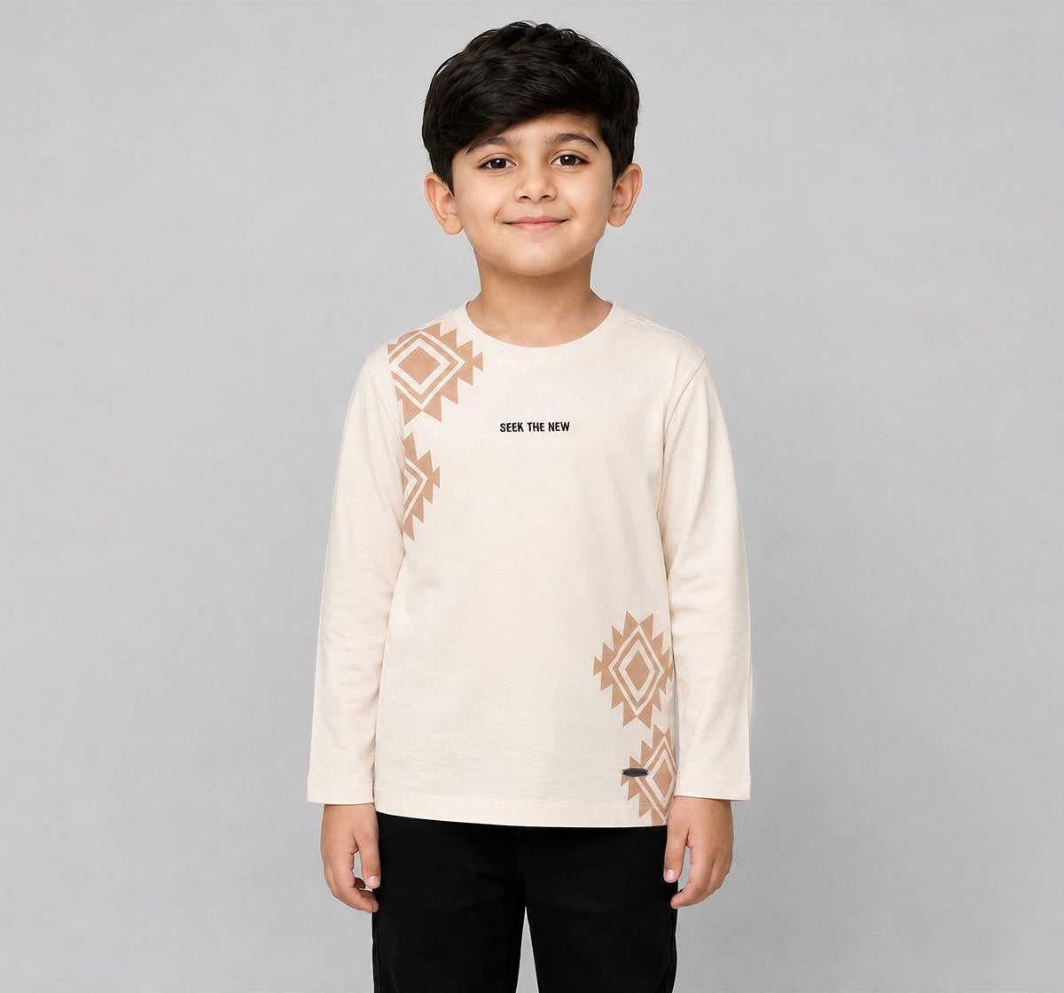 Crew Neck T-Shirt W/ Print & Applique Beige Full Sleeves