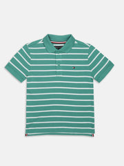 Boys Green Striped Cotton Polo Knit Top Regular Fit