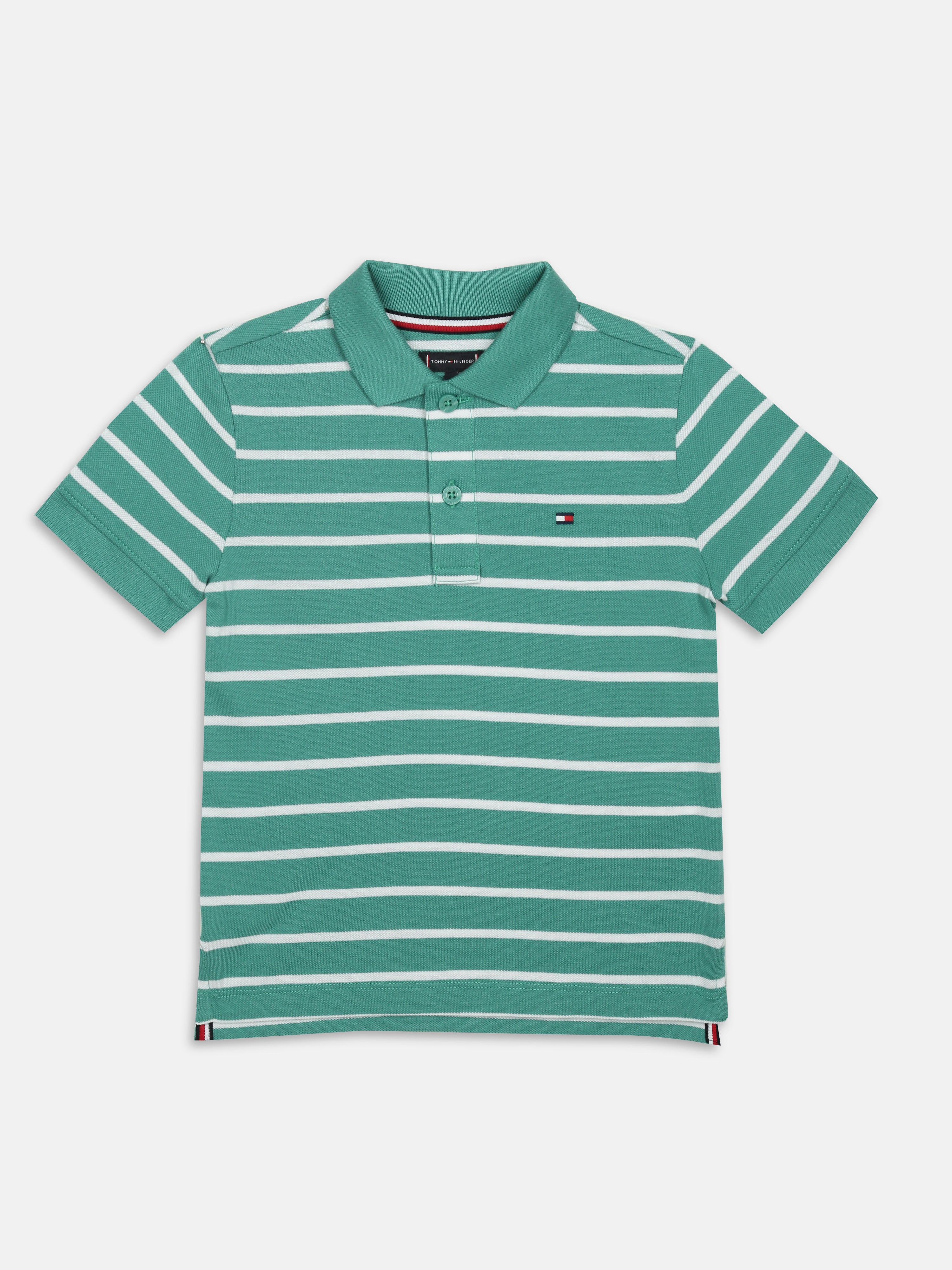 Boys Green Striped Cotton Polo Knit Top Regular Fit