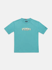 Boys Teal Logo Cotton Crew Neck Knit Top Comfort Fit