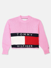 Girls Relaxed Fit Cotton Crew Neck Sweater Pink Daisy