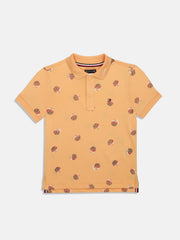 Boys Orange Printed Cotton Polo Knit Top Regular Fit